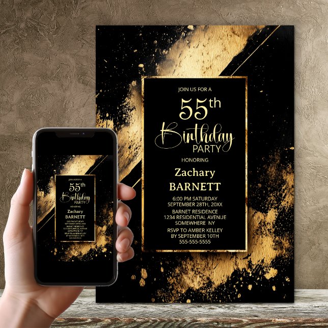 Invitation Black and Gold 55th Birthday Party (Créateur téléchargé)