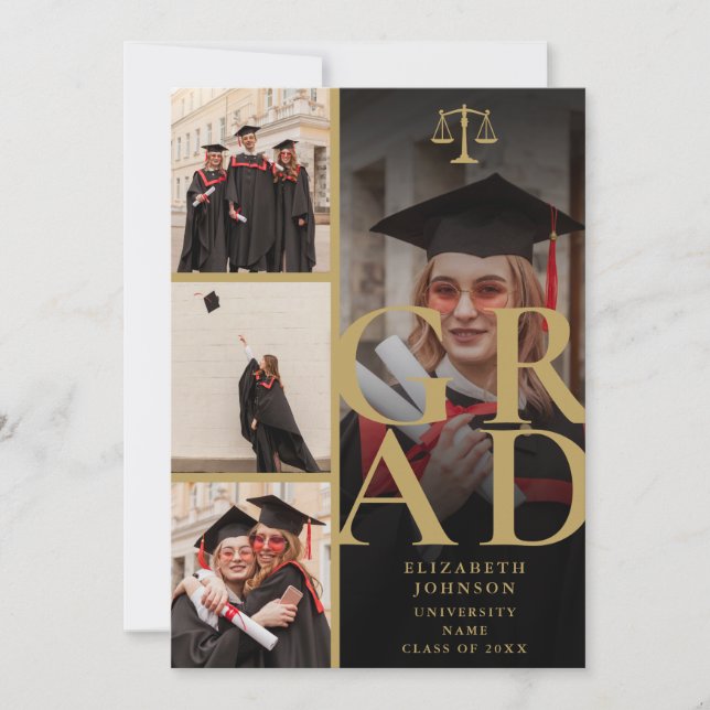 Invitation Black And Gold 5 Photo Law School Graduation Party (Devant)