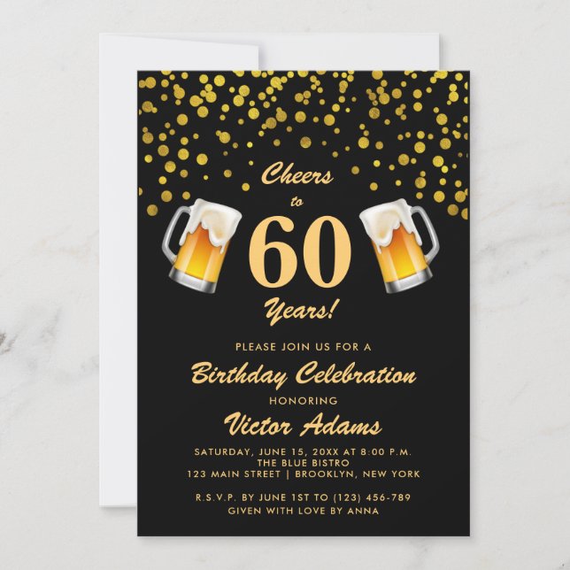 Invitation Black and Gold 60e anniversaire | Courses et bière (Devant)