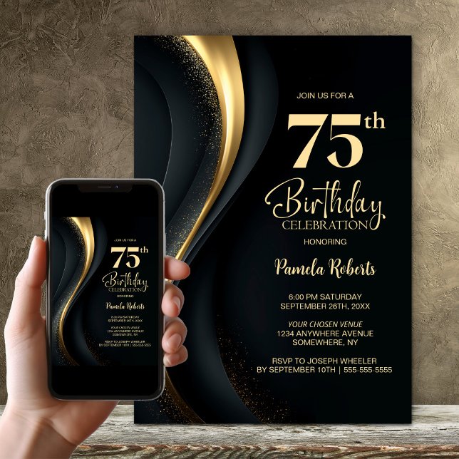 Invitation Black and Gold 75th Birthday Party (Créateur téléchargé)