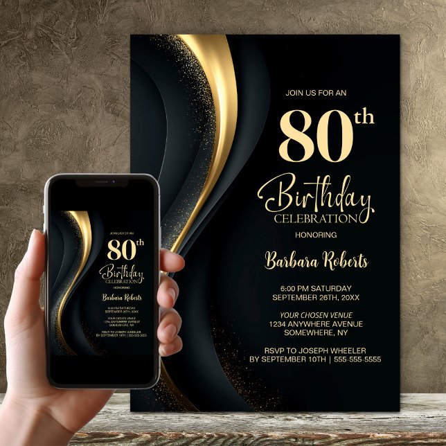 Invitation Black and Gold 80th Birthday Party (Créateur téléchargé)