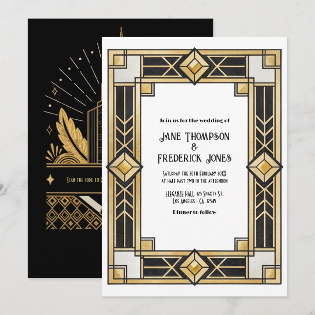 Invitation Black and Gold Art Deco QR Code RSVP Wedding (Devant / Derrière)