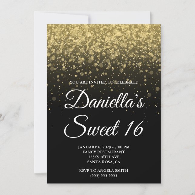 Invitation Black and Gold Bokeh Confetti Sweet 16 (Devant)
