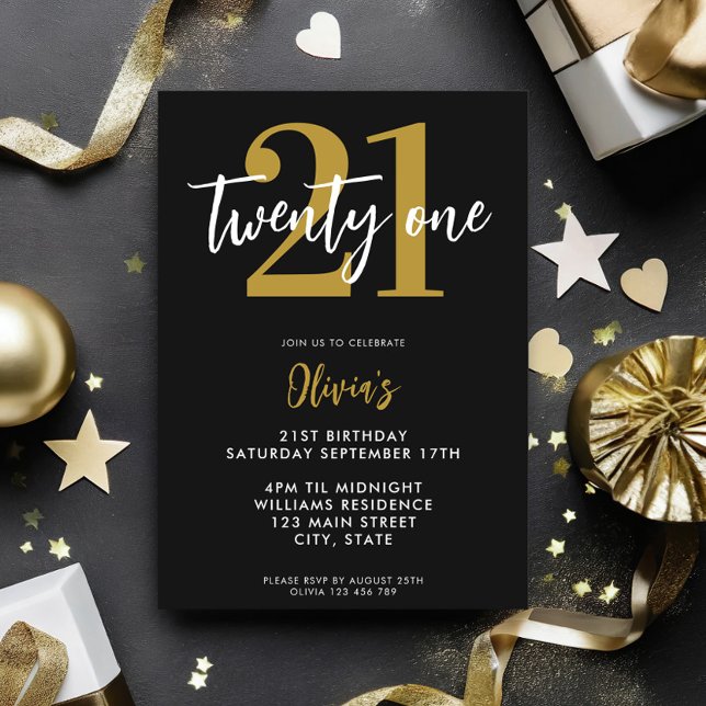 Invitation Black and Gold Elegant 21e anniversaire moderne (Créateur téléchargé)