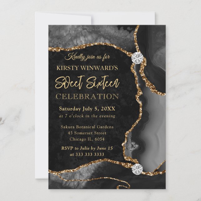 Invitation Black and Gold Faux Parties scintillant Agate Swee (Devant)