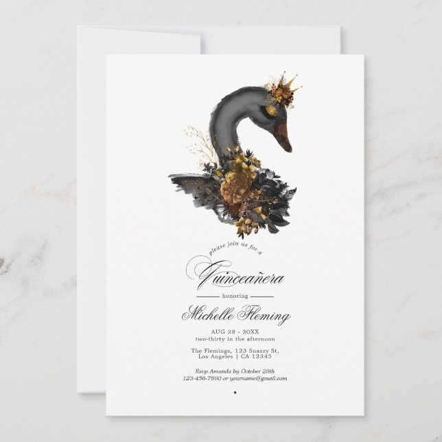 Invitation Black and Gold Floral Swan Quinceañera Photo (Devant)