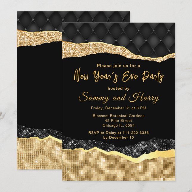 Invitation Black and Gold Glam Larmes fête de la Saint-Sylves (Devant / Derrière)