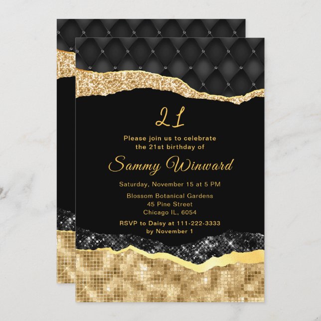 Invitation Black and Gold Glam Tears Anniversaire (Devant / Derrière)