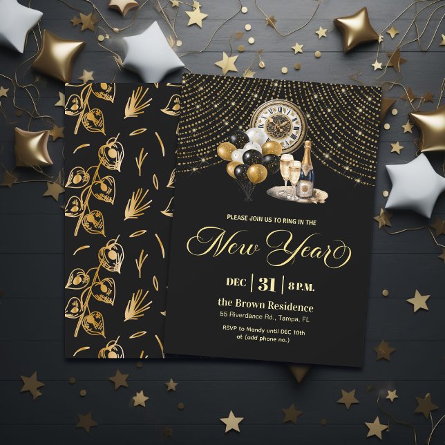 Invitation Black and Gold Glitter New Year's Eve Party  (Créateur téléchargé)