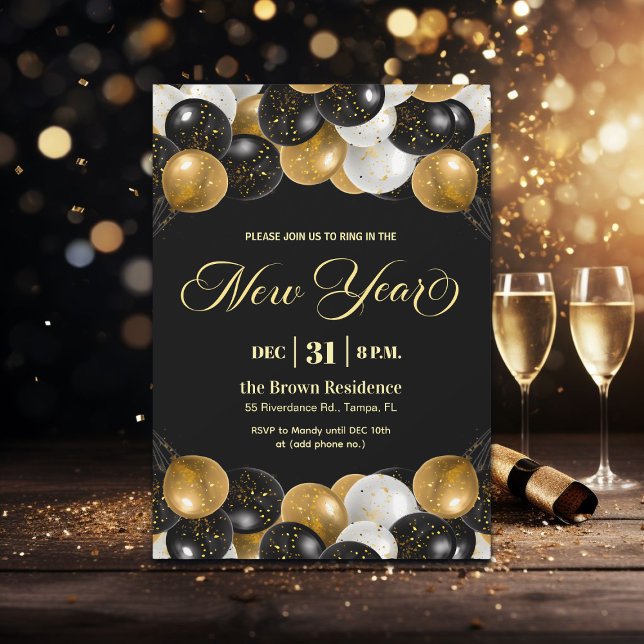 Invitation Black and Gold Glitter New Year's Eve Party  (Créateur téléchargé)