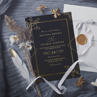 Invitation Black And Gold Minimalist Elegant QR Code Wedding