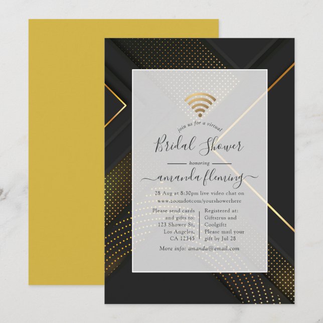 Invitation Black and Gold Modern Géométrique Douche Virtuelle (Devant / Derrière)