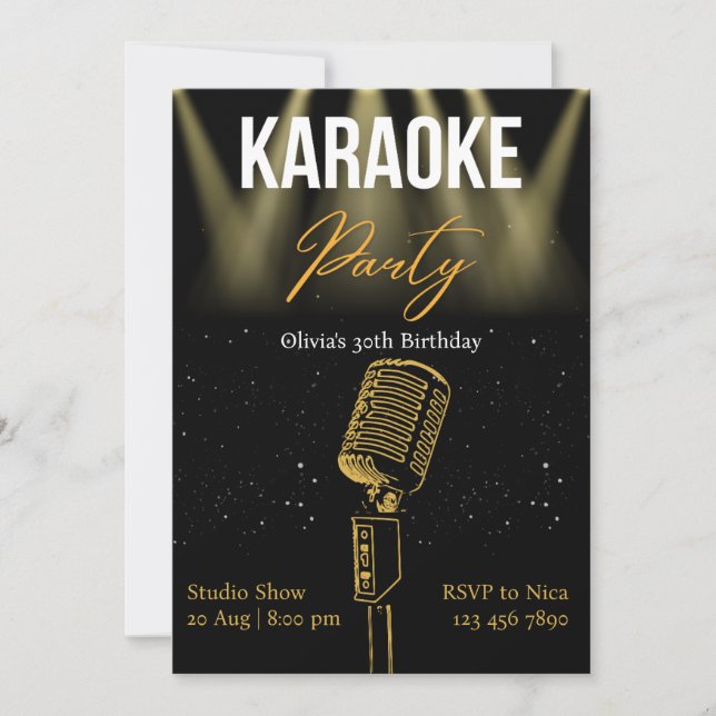 Invitation Black and Gold Modern Karaoke fête d'anniversaire (Devant)