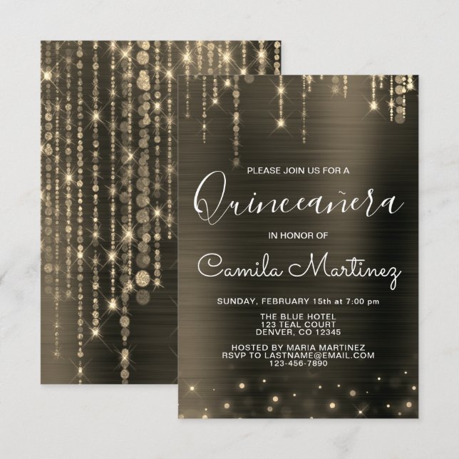 Invitation Black and Gold Modern Quinceanera Party (Devant / Derrière)
