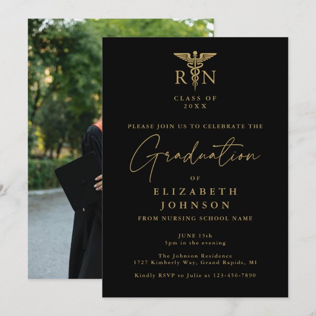 Invitation Black And Gold Nursing Photo Graduation Party (Devant / Derrière)