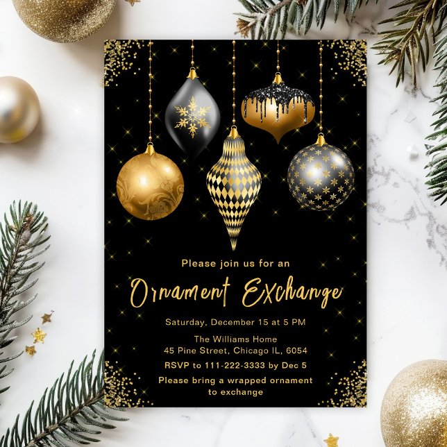 Invitation Black and Gold Ornament Exchange Party (Créateur téléchargé)