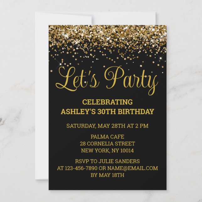 Invitation Black and Gold Parties scintillant 30e anniversair (Devant)