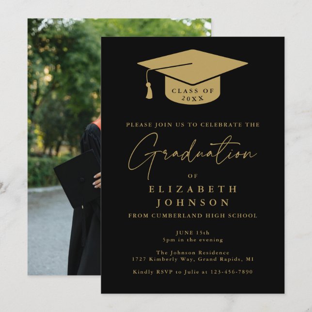 Invitation Black And Gold Photo Graduation Party (Devant / Derrière)