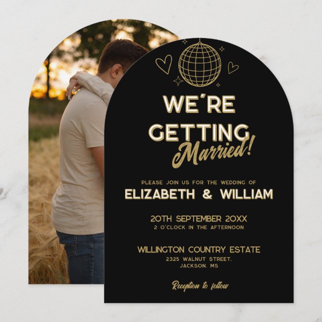 Invitation Black And Gold Retro Disco Mariage Super Photo (Devant / Derrière)