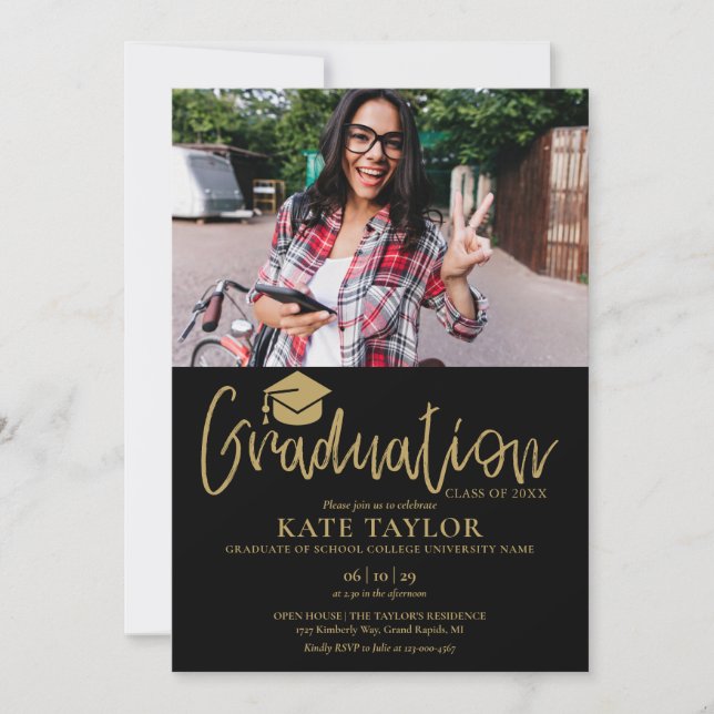 Invitation Black And Gold Script Graduation Party 2 Photo (Devant)