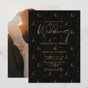Invitation Black And Gold Stars Moon Photo Mariage céleste