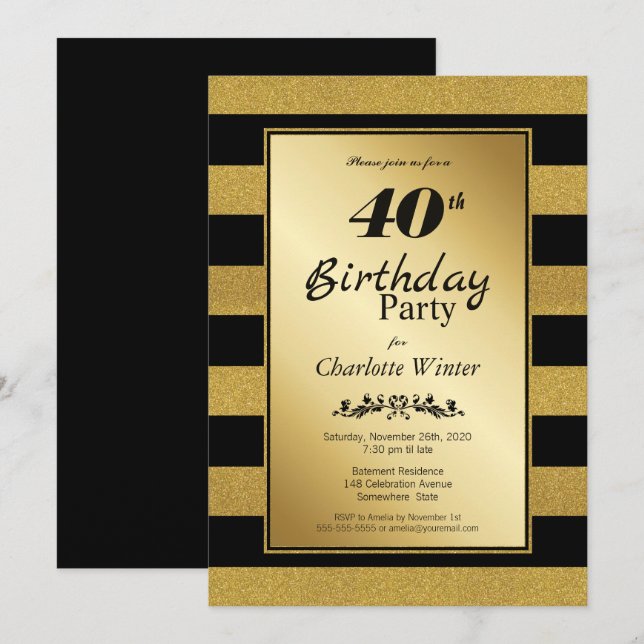 Invitation Black and Gold Stripes 40e anniversaire fête (Devant / Derrière)