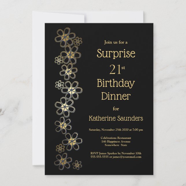 Invitation Black and Gold Surprise 21e anniversaire Diner Par (Devant)