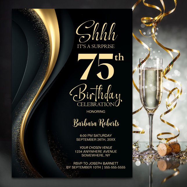 Invitation Black and Gold Surprise 75th Birthday Party (Créateur téléchargé)