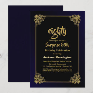 Invitation Black and Gold Surprise 80e fête d'anniversaire
