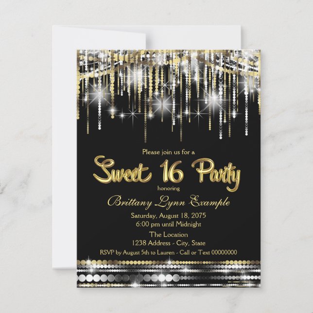 Invitation Black and Gold Sweet 16 Party (Devant)
