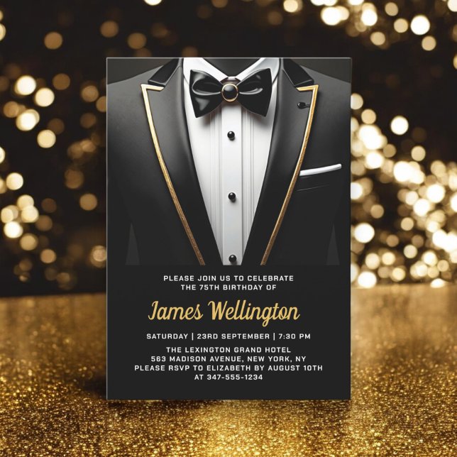 Invitation Black and Gold Tuxedo Birthday Event (Créateur téléchargé)