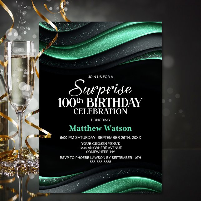 Invitation Black and Green Surprise 100th Birthday (Créateur téléchargé)