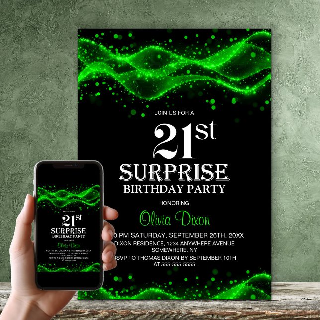 Invitation Black and Green Surprise 21st Birthday Party (Créateur téléchargé)