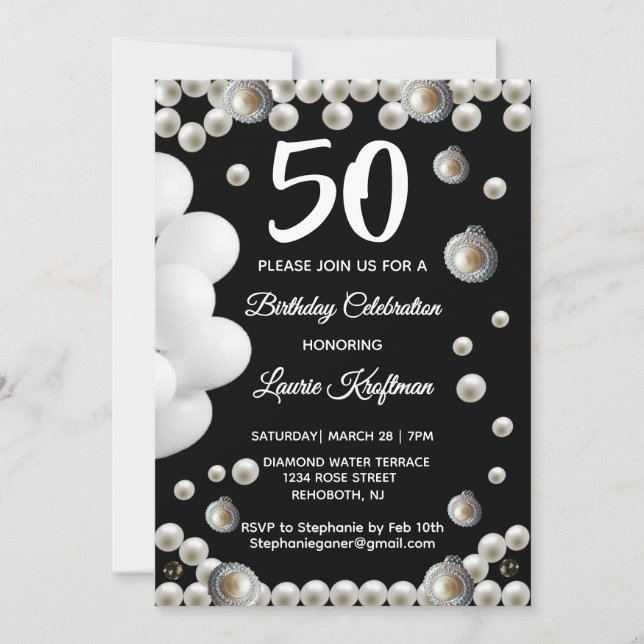 Invitation Black and Pearl 50th Birthday Celebration (Devant)