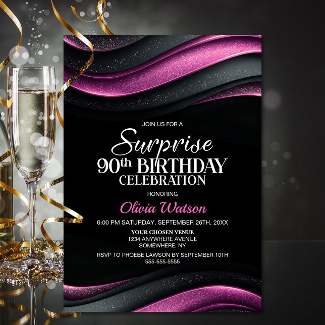 Invitation Black and Pink Surprise 90th Birthday Party (Créateur téléchargé)