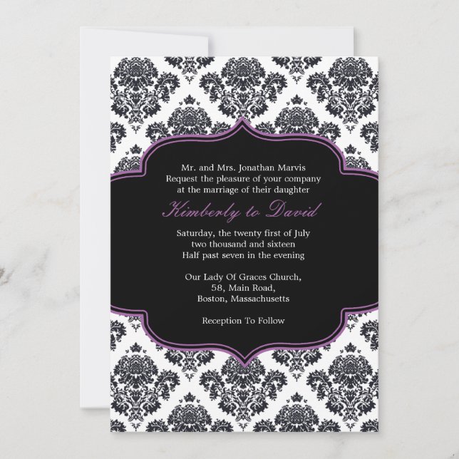 Invitation Black and Purple Damask Wedding Invite (Devant)