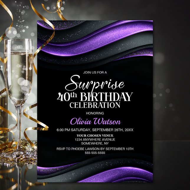 Invitation Black and Purple Surprise 40th Birthday Party (Créateur téléchargé)