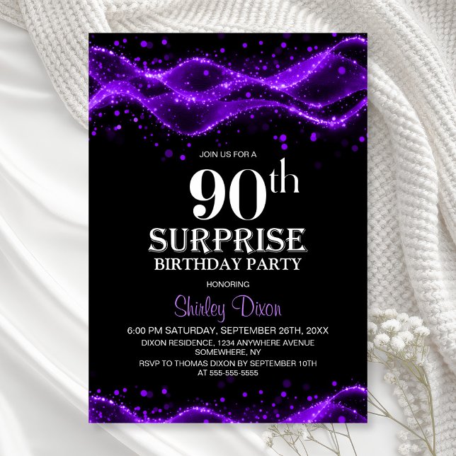 Invitation Black and Purple Surprise 90e anniversaire (Créateur téléchargé)