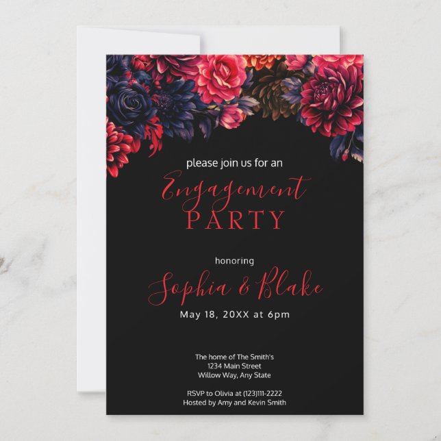 Invitation Black and Red Gothic Floral Dark Engagement Party (Devant)