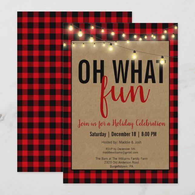 Invitation Black and Red Oh What Fun Buffalo Plaid Party (Devant / Derrière)