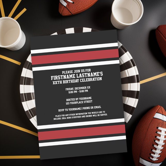 Invitation Black and Red Sports Jersey Nom personnalisé Numér (Birthday Party Invitation - Sports Theme - Football Party Invitation)