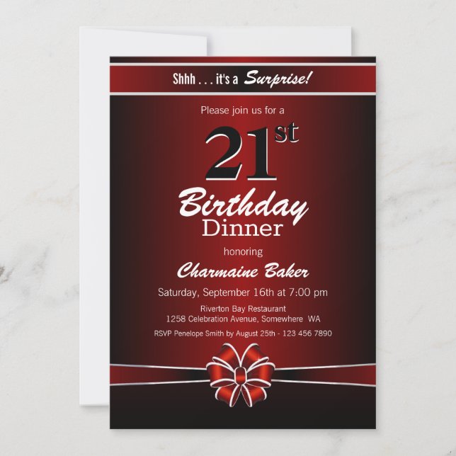 Invitation Black and Red Surprise 21e anniversaire Diner Part (Devant)