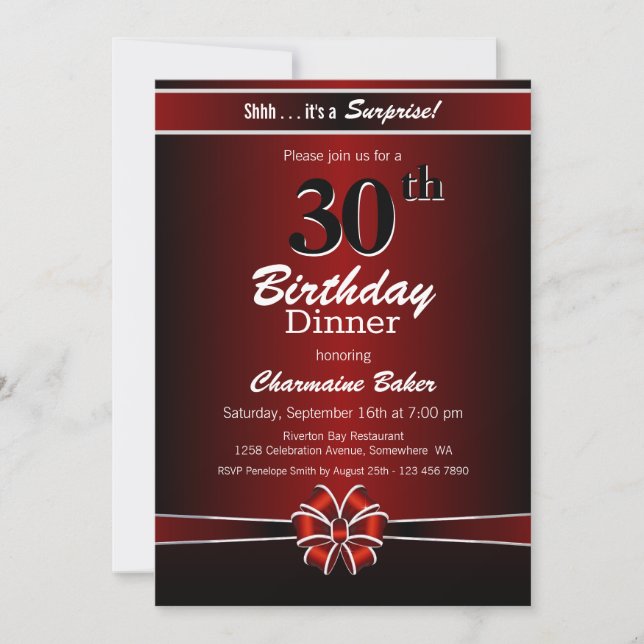 Invitation Black and Red Surprise 30th Birthday Dinner Party (Devant)