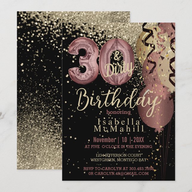 Invitation Black and Rose Gold Parties scintillant 30e et sal (Devant / Derrière)