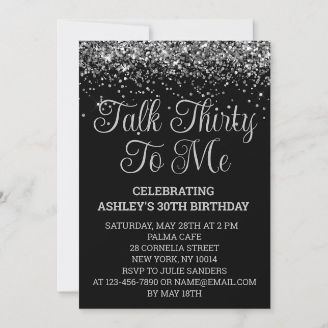 Invitation Black and Silver Glitter 30th Birthday Talk Thirty (Devant)