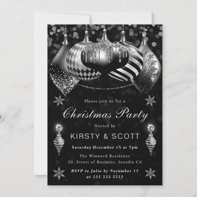 Invitation Black and Silver Glitter Baubles Christmas Party (Devant)