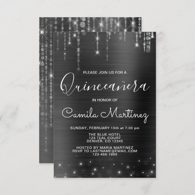Invitation Black and Silver Modern Quinceanera Party (Devant / Derrière)