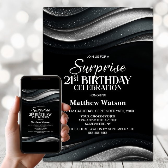 Invitation Black and Silver Surprise 21st Birthday Party (Créateur téléchargé)