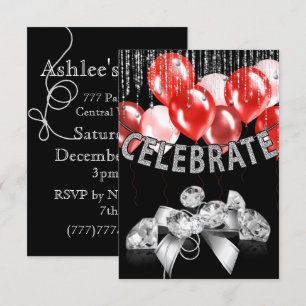 Invitation Black and Silver with red Balloons girl Party
