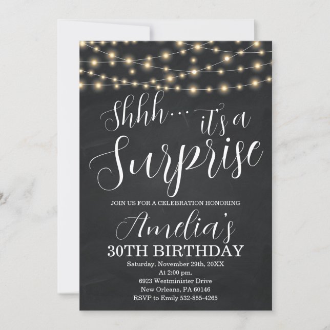 Invitation Black and String Light Surprise Anniversaire (Devant)